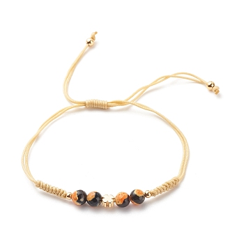 Natural Agate & Brass Clover Beaded Cord Bracelet, Gemstone Braided Adjustable Bracelet for Women, Gold, Inner Diameter: 7/8~3-5/8 inch(2.1~9.3cm)