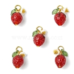 5Pcs Handmade Lampwork Strawberry Pendants, with Acrylic & Resin Imitation Pearl Leaf & Brass Findings, Golden, Dark Red, 25mm(PALLOY-YW00108-01)