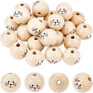 30Pcs Printed Natural Wood European Beads, Undyed, Large Hole Beads, Round with Expression Pattern, Navajo White, 30x27.5mm, Hole: 6mm(WOOD-FH0001-92)