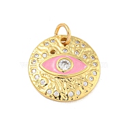 Rack Plating Brass Micro Pave Cubic Zirconia Pendants, Long-Lasting Plated, Cadmium Free & Lead Free, with Enamel, Flat Round & Eye, with Jump Rings, Real 18K Gold Plated, Pearl Pink, 18x3.5mm, Hole: 4mm(KK-P277-26G-04)