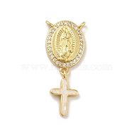 Brass Charms, with Shell, Cadmium Free & Lead Free, Long-Lasting Plated, Oval with Saint & Cross, Real 18K Gold Plated, White, 30mm, Hole: 1.5mm(KK-B059-53G-D)