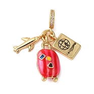 Rack Plating Brass Micro Pave Clear Cubic Zirconia European Dangle Charms, Hot Pink Enamel Luggage & Plane & Passport Large Hole Pendants, Cadmium Free & Lead Free, Long-Lasting Plated, Real 18K Gold Plated, 31mm, Hole: 4.5mm(X-KK-P279-32G)