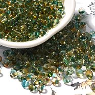 Transparent Baking Paint Glass Seed Beads, Two Tone, Fringe Teardrop Beads, Green, 5.5x4.5x3.5mm, Hole: 1.2mm, about 2812pcs/pound(SEED-P006-02B-04)