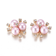Alloy Cabochons, with Crystal Rhinestone & Acrylic Imitation Pearl, Flower, Light Gold, Pink, 19~20x21~22x10mm(X-PALLOY-I198-A09)