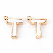 Brass Charms, with Shell, Real 18K Gold Plated, Nickel Free, Letter.T, 11x9x2mm, Hole: 0.9mm(KK-Q766-001T-NF)