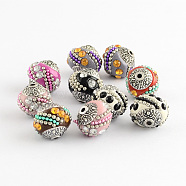 Handmade Indonesia Beads, with Rhinestones and Alloy Cores, Round, Antique Silver, Mixed Color, 14~16x14~16mm, Hole: 1.5mm(IPDL-R437-M)