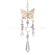 Amethyst with Glass Pendant Decorations, With Alloy Finding, Butterfly, 255~257mm(HJEW-TA00129-03)