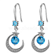 Crescent Moon & Star Drop Earrings, Cubic Zirconia Dangle Earrings for Girl Women, Platinum, Blue, 39x15mm, Pin: 1mm(JE911A)