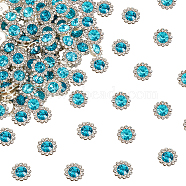 Glass Rhinestone Cabochons, with Silver Color Plated Brass Findings, Flower, Deep Sky Blue, 12x5.5mm, 240pcs/box(FIND-OC0002-33A)