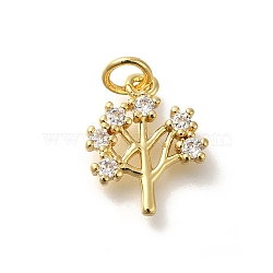 Rack Plating Brass with Cubic Zirconia Pendants, Long-Lasting Plated, Lead Free & Cadmium Free, Tree Charms, with Jump Ring, Real 18K Gold Plated, 14.5x12x2.5mm, Hole: 3mm(KK-Z086-10G-01)