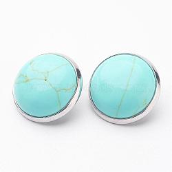 Synthetic Turquoise Brass Clip-on Earrings, Flat Round, Platinum, 14~15x12~13mm(EJEW-A051-A014)