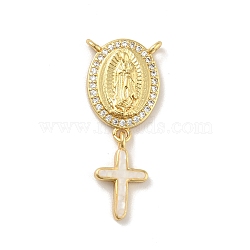 Brass Charms, with Shell, Cadmium Free & Lead Free, Long-Lasting Plated, Oval with Saint & Cross, Real 18K Gold Plated, White, 30mm, Hole: 1.5mm(KK-B059-53G-D)