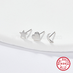 3Pcs 3 Style 925 Sterling Silver Stud Earrings, Moon & Star & Heart, with S925 Stamp, Silver, 5~6x4~6mm, 1Pc/style(IL9248-02)