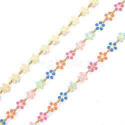 Handmade Brass Enamel Plum Blossom Link Chains, Unwelded, with Spool, Golden, Nickel Free, Colorful, 9x6x1mm, about 16.40 Feet(5m)/Roll(CHC-N021-04C)