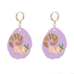 (Jewelry Parties Factory Sale)Golden Plated Brass Huggie Hoop Earring, with Acrylic Pendants, Teardrop with Squirrel Pattern, Dark Orchid, 67mm, Pin: 1mm(EJEW-JE04484-04)