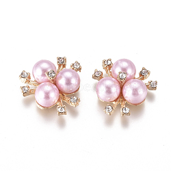 Alloy Cabochons, with Crystal Rhinestone & Acrylic Imitation Pearl, Flower, Light Gold, Pink, 19~20x21~22x10mm(X-PALLOY-I198-A09)