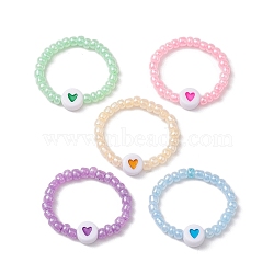 Acrylic Flat Round with Heart Finger Rings, Glass Seed Beads Ring for Women, Mixed Color, Inner Diameter: 20~20.5mm, 5pcs/set(RJEW-JR00685)