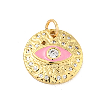 Rack Plating Brass Micro Pave Cubic Zirconia Pendants, Long-Lasting Plated, Cadmium Free & Lead Free, with Enamel, Flat Round & Eye, with Jump Rings, Real 18K Gold Plated, Pearl Pink, 18x3.5mm, Hole: 4mm