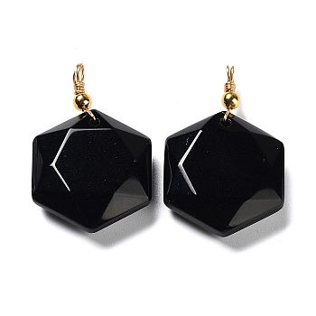 Natural Obsidian Pendants, with Rack Plating Golden Tone Brass Loops, Faceted Star, 39~40x25x8.5~10mm, Hole: 3mm