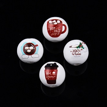 Coffee Theme Printed Wooden Beads, Christmas Round, Mixed Color, Drink Pattern, 15.5~16x15mm, Hole: 3.5mm