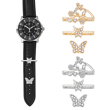 SUPERFINDINGS 2 Sets 2 Colors Alloy Watch Band Clasps, Butterfly & Flower, Platinum & Light Gold, 9~15x13~23.5x6~7.5mm, 3pcs/set, 1 sets/color