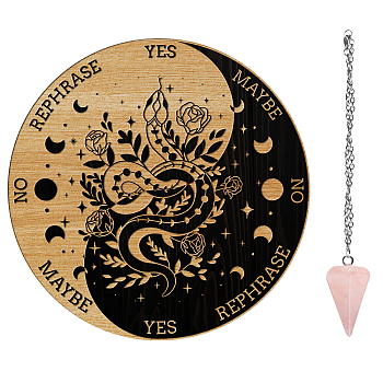 1Pc Wood Pendulum Board, 1Pc 304 Stainless Steel Cable Chain Necklaces, 1Pc Natural Rose Quartz Stone Pendants, for Witchcraft Wiccan Altar Supplies, Snake Pattern, Board: 200x4mm