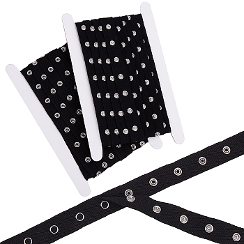5 Yards Cotton Herringbone Ribbon with Platinum Tone Alloy Snap Buttons, for Clothes Sewing, Black, 3/4 inch(20mm)