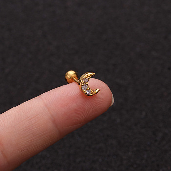 Brass Micro Pave Clear Cubic Zirconia Cartilage Earrings for Women, with Stainless Steel Pins, Golden, Moon, 6mm, Pin: 1.2mm
