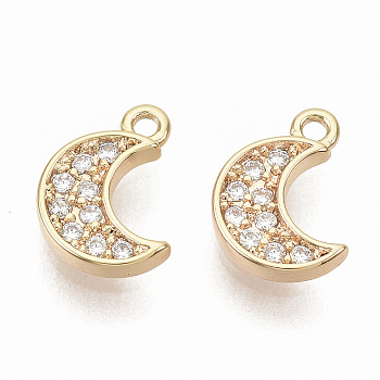 Brass Micro Pave Cubic Zirconia Charms, Nickel Free, Real 18K Gold Plated, Moon, Clear, 9x6.5x1.5mm, Hole: 1mm