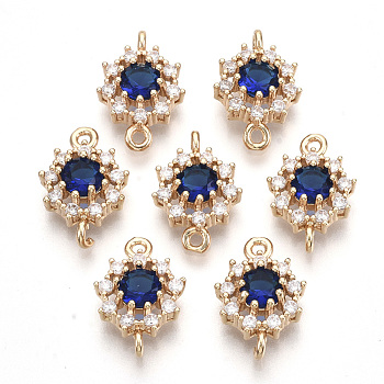 Transparent Glass Links connectors, with Golden Tone Brass Findings and Clear Rhinestone, Faceted, Flower, Medium Blue, 16x11x5mm, Hole: 1.2mm
