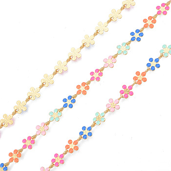 Handmade Brass Enamel Plum Blossom Link Chains, Unwelded, with Spool, Golden, Nickel Free, Colorful, 9x6x1mm, about 16.40 Feet(5m)/Roll
