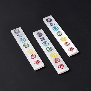 Natural Selenite Display Decorations, Spray Painted 7 Chakra Pattern, Home Decorations, Rectangle, Colorful, 185x35x9mm