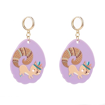 (Jewelry Parties Factory Sale)Golden Plated Brass Huggie Hoop Earring, with Acrylic Pendants, Teardrop with Squirrel Pattern, Dark Orchid, 67mm, Pin: 1mm