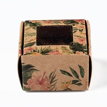 Rectangle Foldable Creative Kraft Paper Gift Box, Jewelry Boxes, with Square Clear Window, Flower Pattern, 4.3x4.3x2.7cm