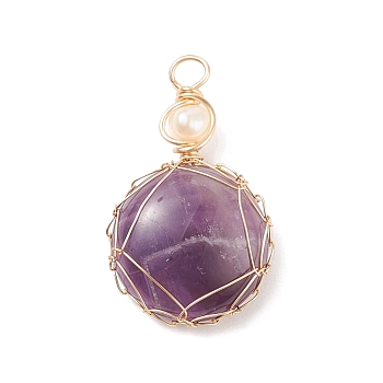 Natural Amethyst Pendants, with Golden Tone Copper Wire Wrapped and Natural Cultured Freshwater Pearl, Oval, 34x21x8mm, Hole: 3.7mm
