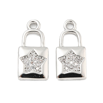 Brass Micro Pave Clear Cubic Zirconia Pendants, Lock with Star Pattern Charms, Platinum, 16.5x7.5x1.5mm, Hole: 1.6mm