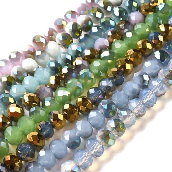 Electroplate Glass Faceted Rondelle Beads Strands, Imitation Jade, Half Plated, Mixed Color, 8x5~6.5mm, Hole: 1mm, about 65~68pcs/strand, 15.7~16.1 inch(40~41cm)
