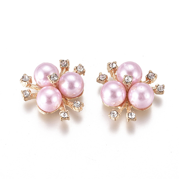 Alloy Cabochons, with Crystal Rhinestone & Acrylic Imitation Pearl, Flower, Light Gold, Pink, 19~20x21~22x10mm
