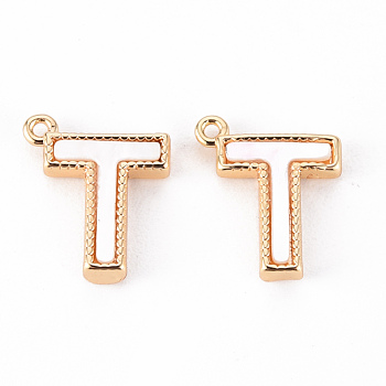 Brass Charms, with Shell, Real 18K Gold Plated, Nickel Free, Letter.T, 11x9x2mm, Hole: 0.9mm