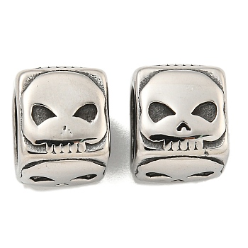 316 Surgical Stainless Steel with Rhinestone Large Hole Cube Beads, Antique Silver, Skull, 12x11x11mm, Hole: 9mm