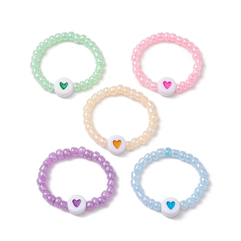 Acrylic Flat Round with Heart Finger Rings, Glass Seed Beads Ring for Women, Mixed Color, Inner Diameter: 20~20.5mm, 5pcs/set