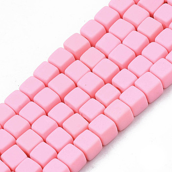 Handmade Polymer Clay Beads Strands,  Cube, Pink, 4x4x4mm, Hole: 1.4mm, about 89~91pcs/strand, 15.55 inch~15.94 inch(39.5~40.5cm)
