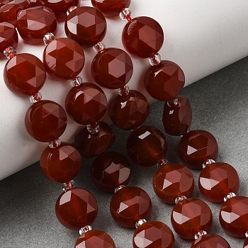 Natural Carnelian(Dyed & Heated) Beads Strands, Faceted Hexagonal Cut Coin Beads, with Seed Beads, 10~10.5x6~6.5mm, Hole: 1.2mm, about 15pcs/strand, 7.28''(18.5cm)~7.68''(19.5cm)

