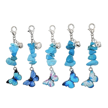Butterfly Alloy Enamel Pendant Decorations, Synthetic Turquoise Chips and Alloy Lobster Claw Clasps Charms, Mixed Color, 62mm