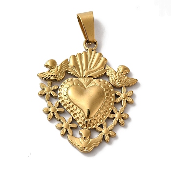 PVD Vacuum Plating 304 Stainless Steel Pendants, Heart with Flower Charms, Golden, 29.5x25x3.5mm, Hole: 7.5x3.5mm