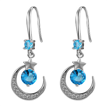 Crescent Moon & Star Drop Earrings, Cubic Zirconia Dangle Earrings for Girl Women, Platinum, Blue, 39x15mm, Pin: 1mm