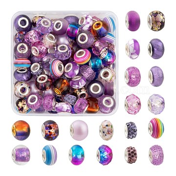 80Pcs 20 Style Rondelle European Beads Set for DIY Jewelry Making Finding Kit, Including Acrylic & Glass & Lampwork & Resin & Porcelain & Polymer Clay Rhinestone European Beads, Purple, 11~14x7~10mm, Hole: 5mm, 4pcs/style(DIY-LS0004-10D)