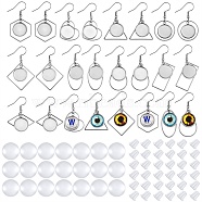Dangle Earrings DIY Making Kit, Including 304 Stainless Steel Earring Hooks with Flat Round Tray, Transparent Glass Cabochons, Plastic Ear Nuts, Stainless Steel Color, Earring Hooks: 35~45mm, Pin: 0.6mm, 18Pcs/set(DIY-SZ0006-30)