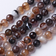 Natural Striped Agate/Banded Agate Beads Strands, Dyed & Heated, Faceted, Grade A, Round, Coffee, 8mm, Hole: 1.2mm, about 47pcs/strand, 14.9 inch(38cm)(G-G753-05-8mm)