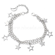 Star & Moon 304 Stainless Steel Charm Bracelets, Iron Multi-strand Twisted Chain Bracelets for Women, Stainless Steel Color, 9-7/8 inch(25cm)(BJEW-JB10366)